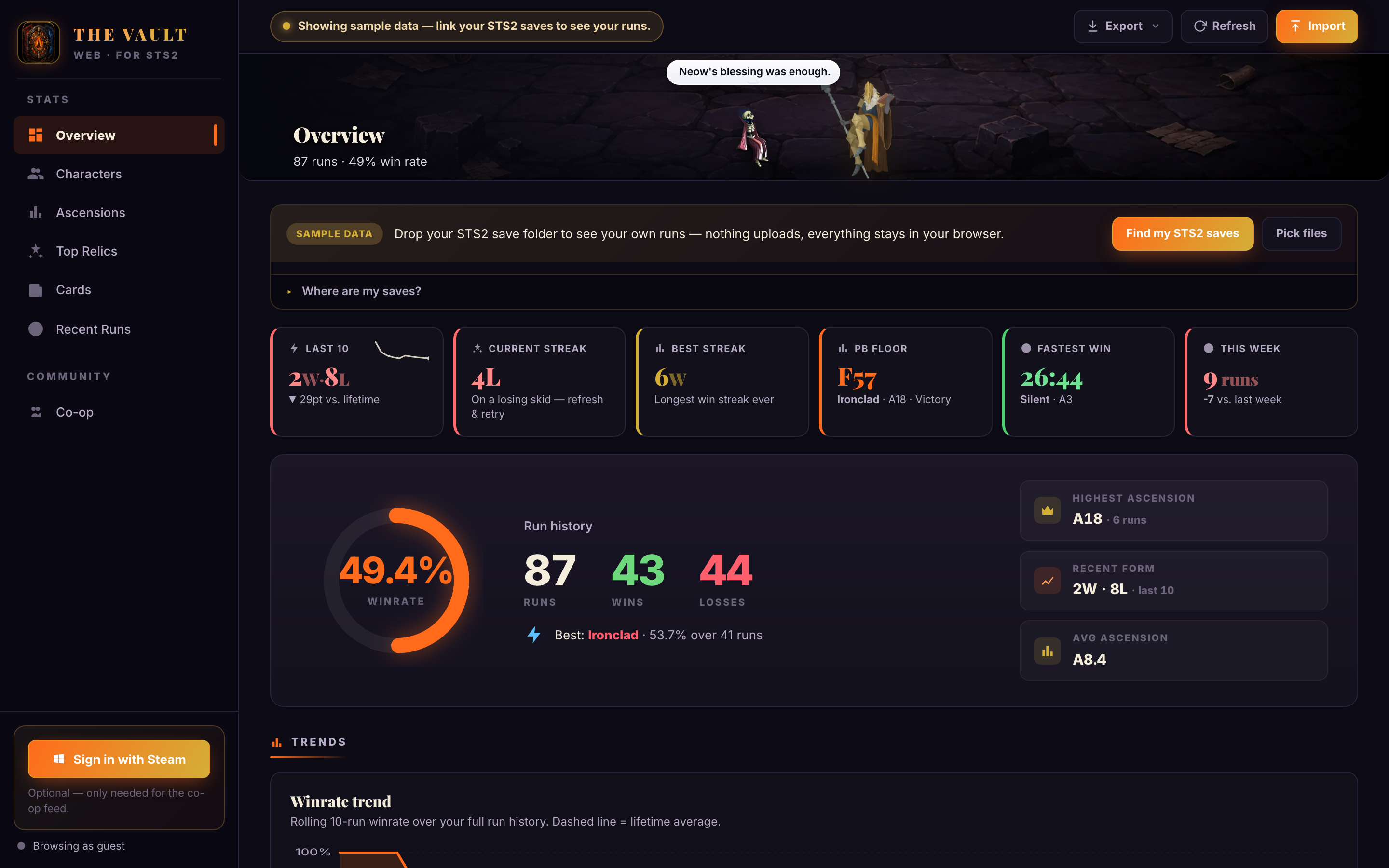 The Vault Overview tab — compact painted banner, KPI strip with current streak / last-10 form / PB floor / fastest win, winrate hero, per-character breakdown