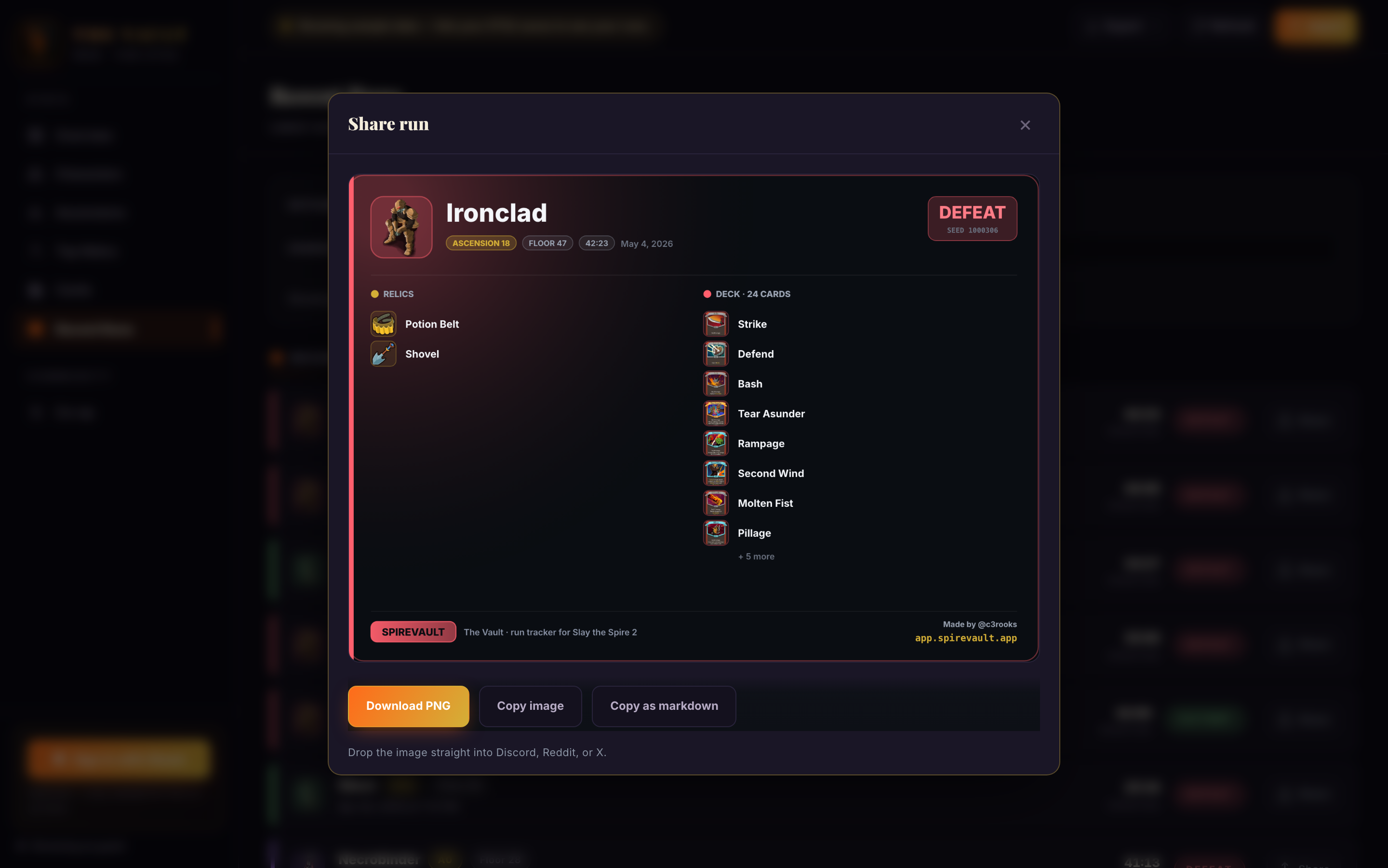 Image-rich Share-Run card with actual relic icons and card art for every entry, character portrait, victory/defeat badge, and platform-recognizable Spire Vault footer